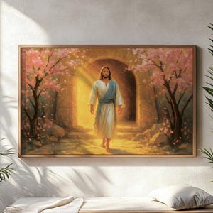 Arte murale della Resurrezione / Stampa artistica &quot;È risorto&quot; / Decorazioni stampabili cristiane / Opere d&#39;arte religiose pasquali / Sentiero con fiori di ciliegio