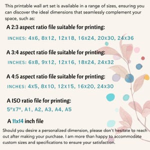 May include: Printable wall art set with various size options, including 10x15cm, 20x30cm, 30x45cm, 40x60cm, 50x75cm, and 60x90cm. Also includes 12.7x17.8cm and A1-A5 sizes. The image has a decorative floral design in the background.