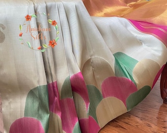 Handloom khaki colour pure kanjeevaram  silk 8 kol saree