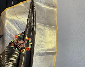 Handloom pure kanchipuram silk saree in Brocade Black and grey combination