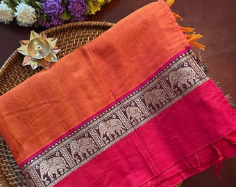 Traditional narayanpet mercerised cotton saree in mustard orange and saffron