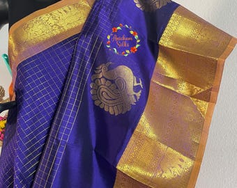 Handloom pure kanchipuram silk cotton saree in dark blue zari checks