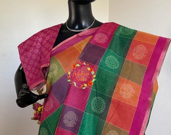 Lightweight Chanderi cotton Paalum pazhamum checks multicolour saree