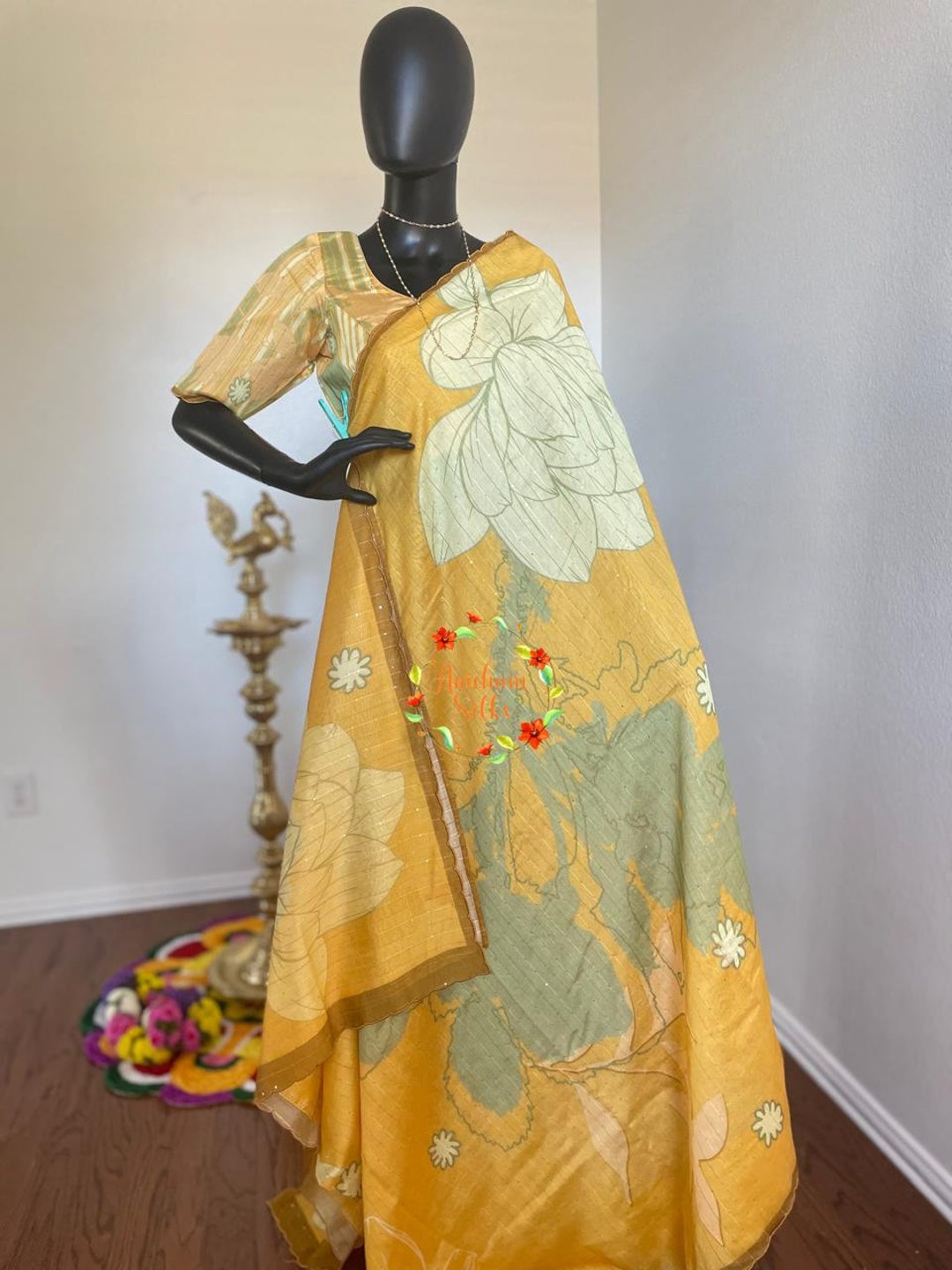Red & Mustard Yellow Crepe Silk Readymade/Easy Saree
