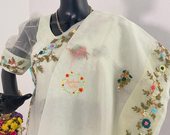 Lightweight organza saree with blouse in pastel green Bullian stitch