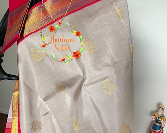 Handloom pure kanchipuram korvai silk saree in light grey and pink