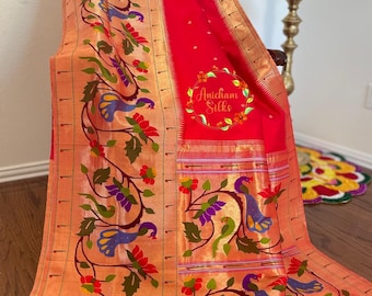Handloom pure Paithani Silk saree in Red with Morachi Border