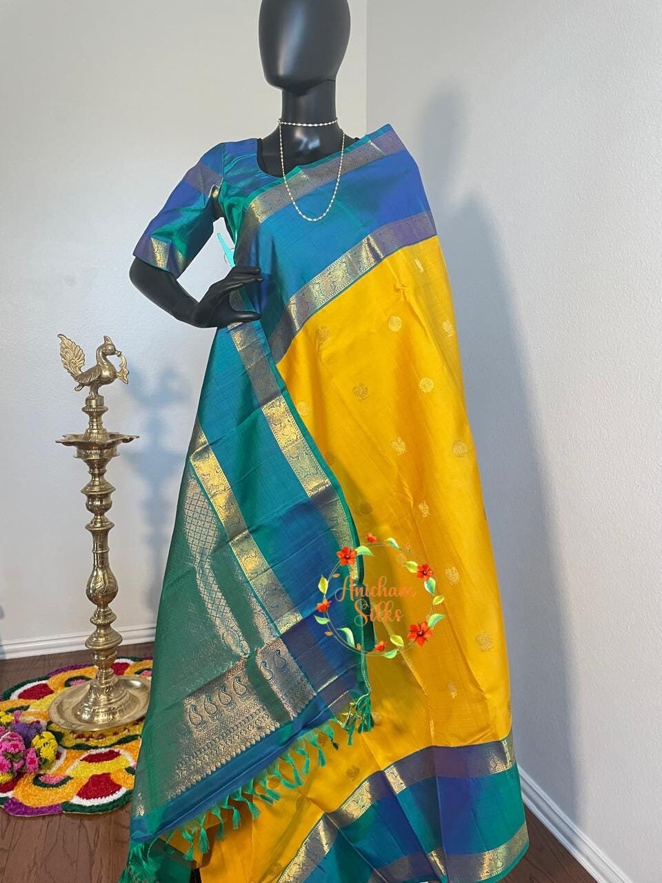 Golden Kanchipuram Saree With Turquoise Florals main image 0