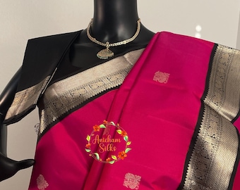 Handloom korvai pure kanjeevaram silk saree in deep magenta and black