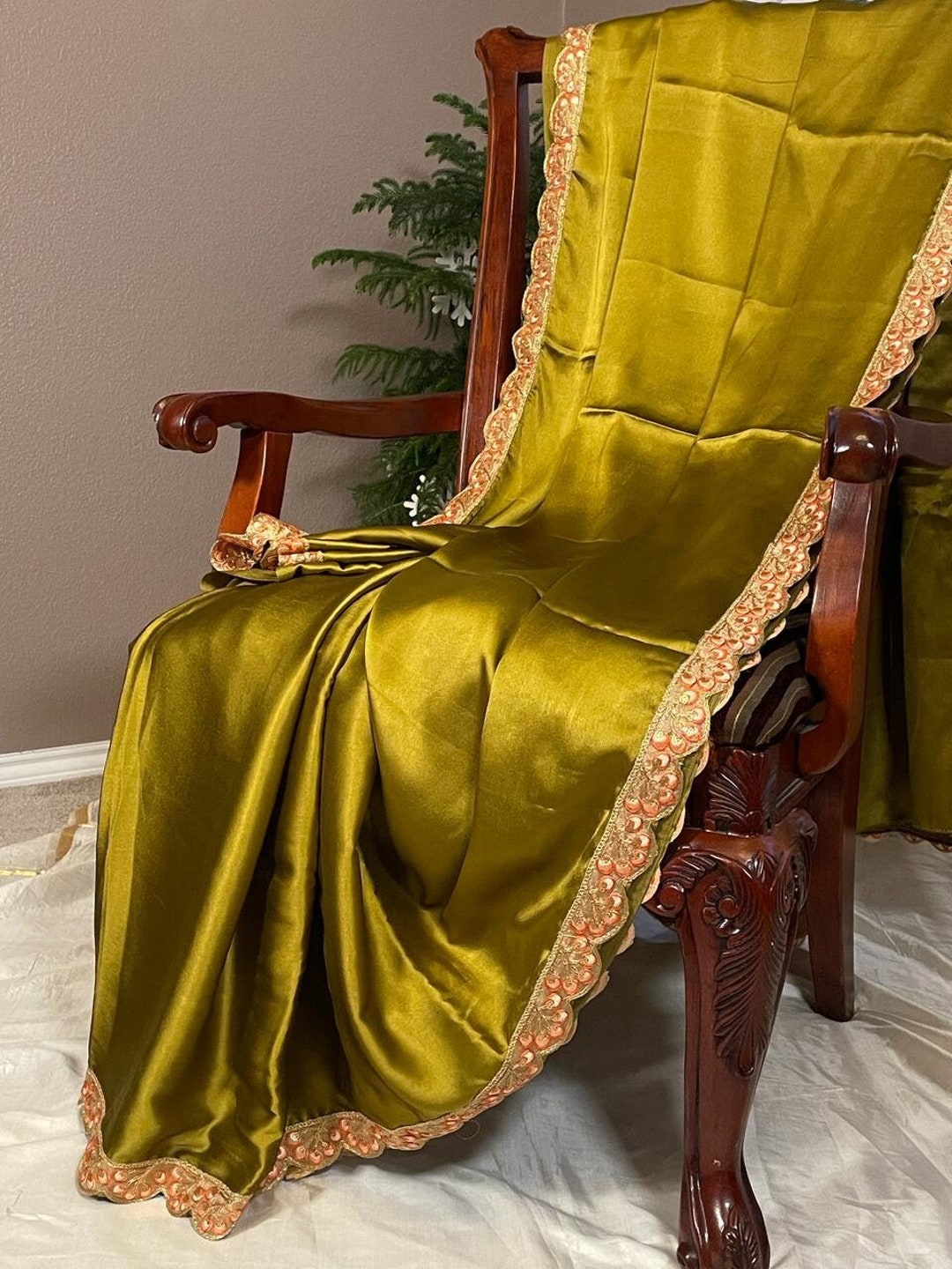 Olive Green Satin Saree - Etsy