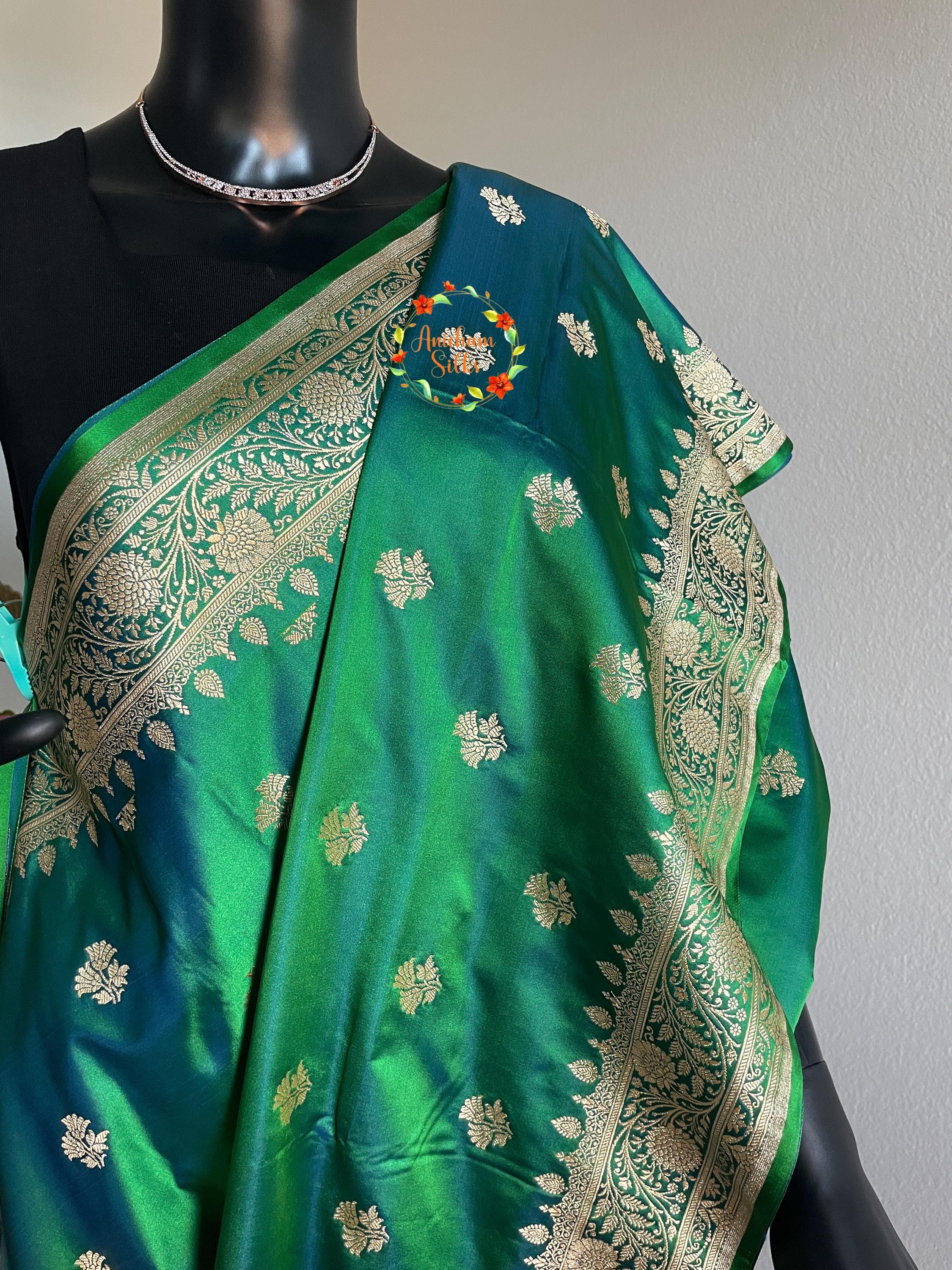 Dual Tone Bottle Green Floral Boota Satin Katan Silk Saree - Etsy