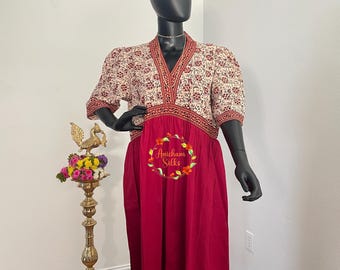 Vestido de algodón Ajrakh Alia de color beige y granate, talla XXL (46).
