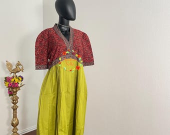 Vestido de algodón Ajrakh Alia color granate y verde, talla L/XXL