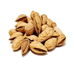 May include: A pile of light brown almonds, some with the shells still on, against a white background.