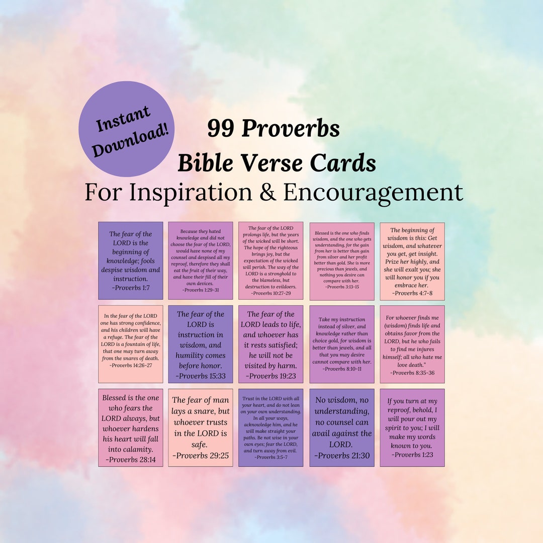99 Proverbs Bible Verse Cards, Printable Prayer Cards, Inspirational