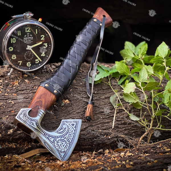 Luxury Custom Handmade Viking Axe, Carbon Steel Axe, Personalized Rose Wood Shaft, Outdoor Axe, Special Gift For Veteran, Gift For Him, Gift