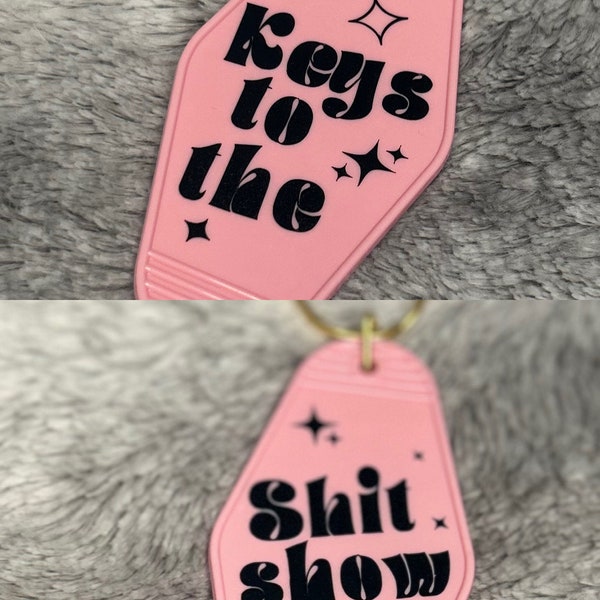Pink and black keys to the shit show keychain