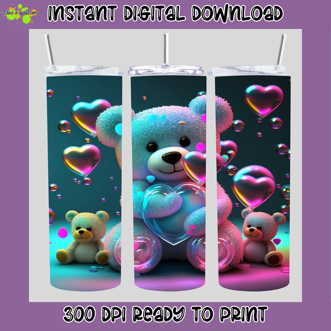 Vivid Colors Teddy Bear With Hearts Tumbler Wrap 20 Oz Skinny - Etsy