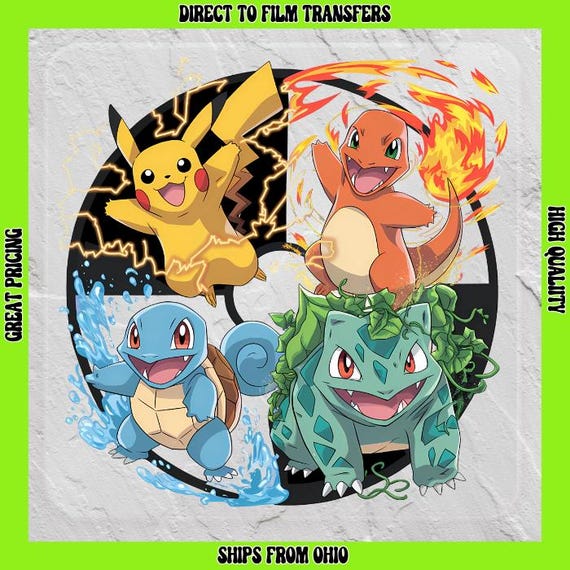 Pokeman Character Image  Direct to Film Transfers/Iron On Transfers Ready to Press for T-shirts