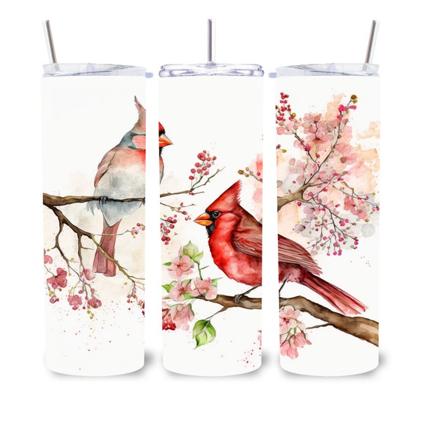 Watercolor Cardinals on Cherry Tree Branch Tumbler Wrap 20 oz Skinny