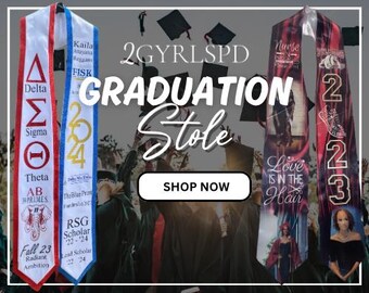 May include: Two graduation stoles with personalized designs. One stole is red and white with the text "Delta Sigma Theta" and "AB 30PRIMES". The other stole is blue and white with the text "Kaila Atayatia Reggam FISK" and "RSG Scholar 22-24".