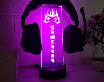 Gepersonaliseerde led-koptelefoonstandaard met verlichting, gepersonaliseerde koptelefoondisplay, bureau-organizer gamer, uniek cadeau voor vriend of kerstcadeau