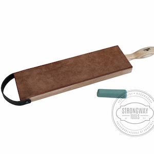 May include: A brown leather strop with a wooden handle and a black metal loop. It is used for sharpening tools. A green sharpening stone is also included.