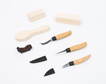 Hand Forged Wood Carving Knife Set – Whittling & Spoon Carving Tools with Wooden Handles – Handmade Craft Knives
