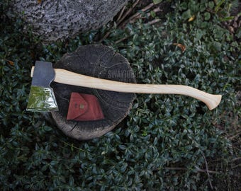 Hand Forged Axe, 52100 Steel, Ash Wood Handle, Leather Sheath, Axe for camping and Bushcraft, Copper Axe