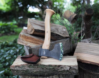Medium Carving Hatchet Axe with Wooden Handle & Leather Sheath – Handcrafted Woodworking, Camping  Bushcraft Hatchet, Woodworking Axe, Gift