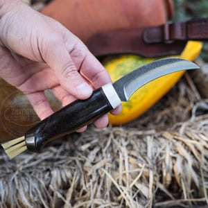 May include: A curved blade knife with a dark wooden handle and a white accent. The knife has a brush at the end of the handle. A leather sheath is visible in the background. The knife is designed for cutting.