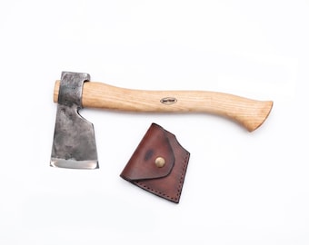 Hache de camping forgée à la main, hache de bushcraft avec étui en cuir, hache forgée à la main, cadeau pour lui, outil d'extérieur