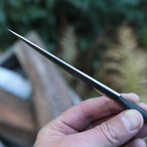 May include: A close-up of a metal awl with a sharp, pointed tip. The awl has a dark handle and a silver-colored blade. The tool is held in a hand against a blurred green background. The text "SWAYTOBOR TOOLS" is visible.