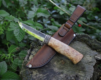 Hand Forged Knife: Stabilized Karelian Birch Handle, Leather Sheath
