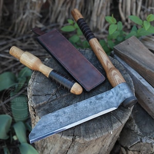 Hand Forged Splitting Froe with 2 Replaceable Handles |Traditional Woodworking Tool | Dual-Bevel Blade | Leather Sheath | Carving Tools