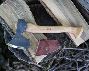 Hand Forged 52100 Steel Carving Hatchet with Leather Sheath, Woodworking Axe for Spoon Carving, Bushcraft, Camping and Green Woodworking