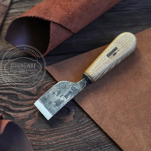 Hand Forged Leather Skiving Knife: Flat Cutting Tool with Ash Handle