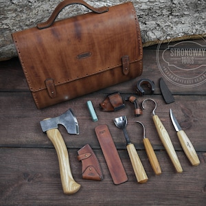 Woodcarving kit with brown leather organizer, Spoon carving Tools, Tools for carving, Set for carving