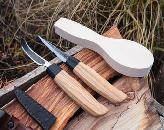 Hand-Forged Woodcarving Set – Hook Knife and Carving Cloyd Knife +FREE Linden (Basswood) Spoon Blank | Perfect Gift for Woodworkers