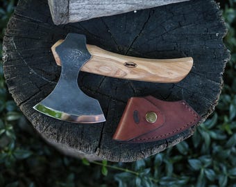Hand Forged Small Carving Axe, 52100 Steel Woodworking Axe, Ash Octagonal Handle, Handmade Bushcraft Hatchet, Leather Sheath Included