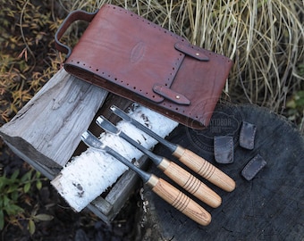 Hand Forged Woodworking Gouges Tool Set with Handmade Leather Organizer | 3-Piece Carving & Detailing Tools–Professional Artisan Craft Tools