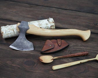 Hand Forged Carving Axe: Carbon Steel, Ash Wood Handle