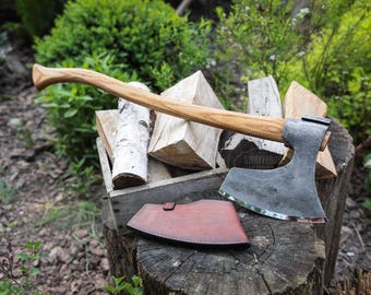 Hache de menuisier professionnelle forgée à la main - Hache à bois à manche long avec gaine en cuir, hache à barbe faite main en acier au carbone pour la menuiserie