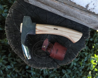 Hand-Forged Woodworking Adze, Leather sheath, Timber Framing Tool, Woodworking and Carpentry Tool, Wood Carving, Carbon Steel 52100 Blades
