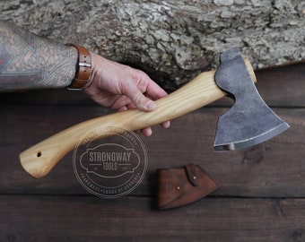 Hand Forged Forest Axe: 52100 Steel Blade, Ash Handle, Leather Case