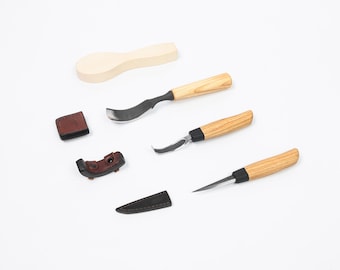 Hand-Forged Woodcarving Set – Gouge, Hook Knife & Cloyd Knife + FREE Linden (Basswood) Spoon Blank | Perfect Gift for Woodworkers | Carving