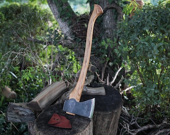 Hand Forged Wildwood Heavy Axe, Rustic Camping Hatchet, Handmade Bushcraft Axe, Woodworking & Outdoor Tool, Vintage Wood Handle Axe