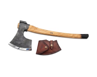 Hache de menuisier forgée à la main avec gaine en cuir - Hache de menuiserie en acier au carbone faite main, hache de menuiserie barbue avec manche en bois (530 mm)