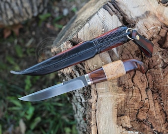 Hand Forged N690 Stainless Steel Knife, Bushcraft Hunting Knife, Ironwood & Birch Bark Handle, Leather Sheath, Razor Sharp Outdoor Knife