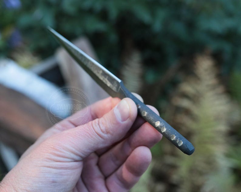 May include: A hand-forged, small, pointed knife with a dark, textured handle. The blade is silver and tapers to a sharp point. The handle has several small, decorative indentations. The knife is held against a blurred green background.